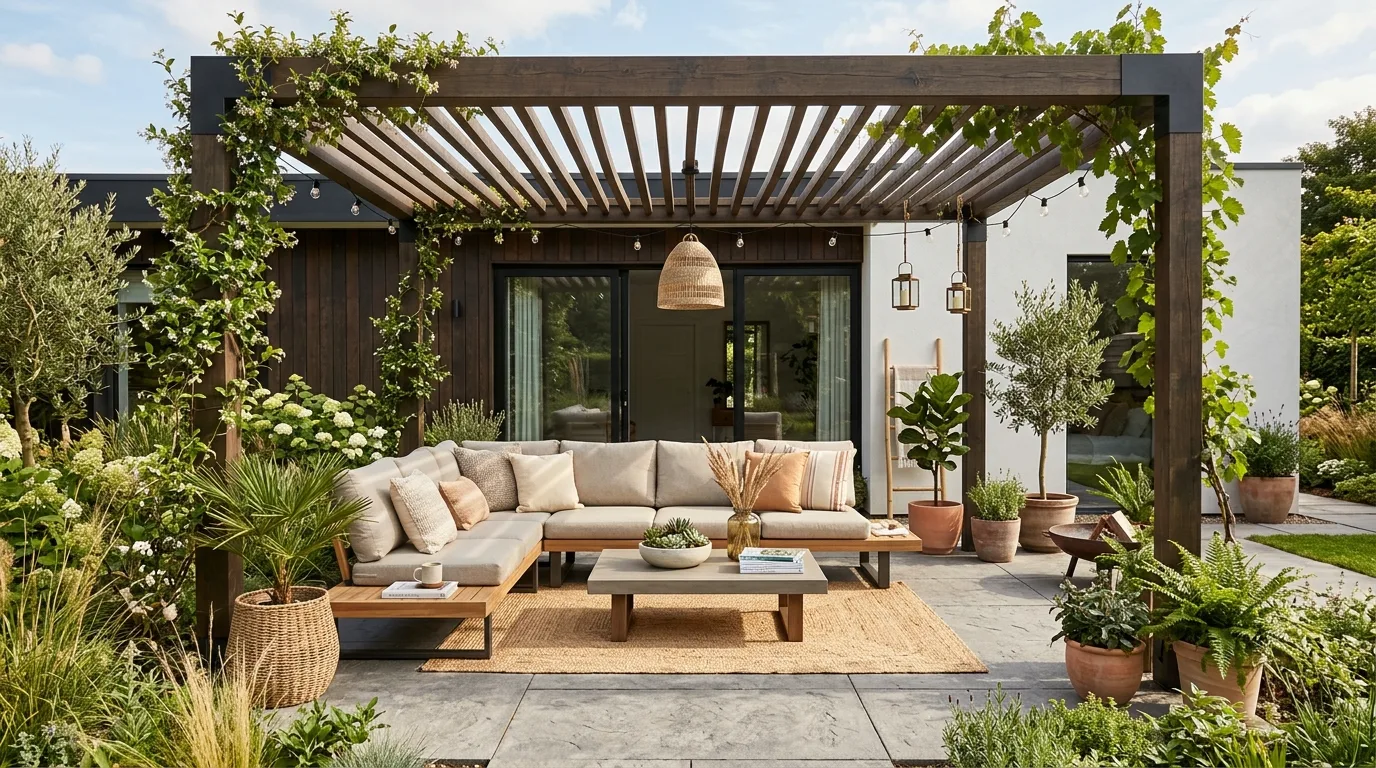 Bring in lanterns or string lights for evening warmth inspiration for a backyard patio.
